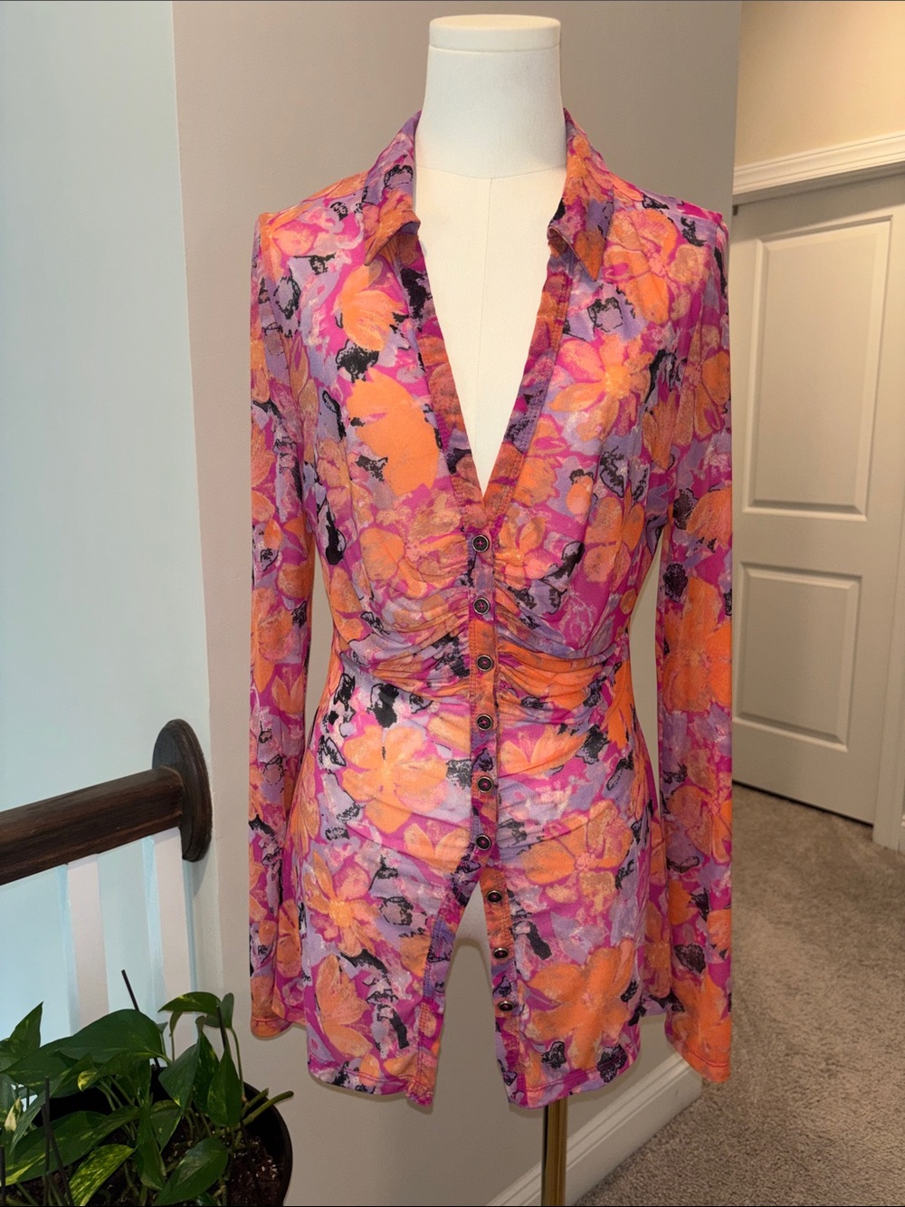 Free People Pink & Orange Floral Ruched Button Down